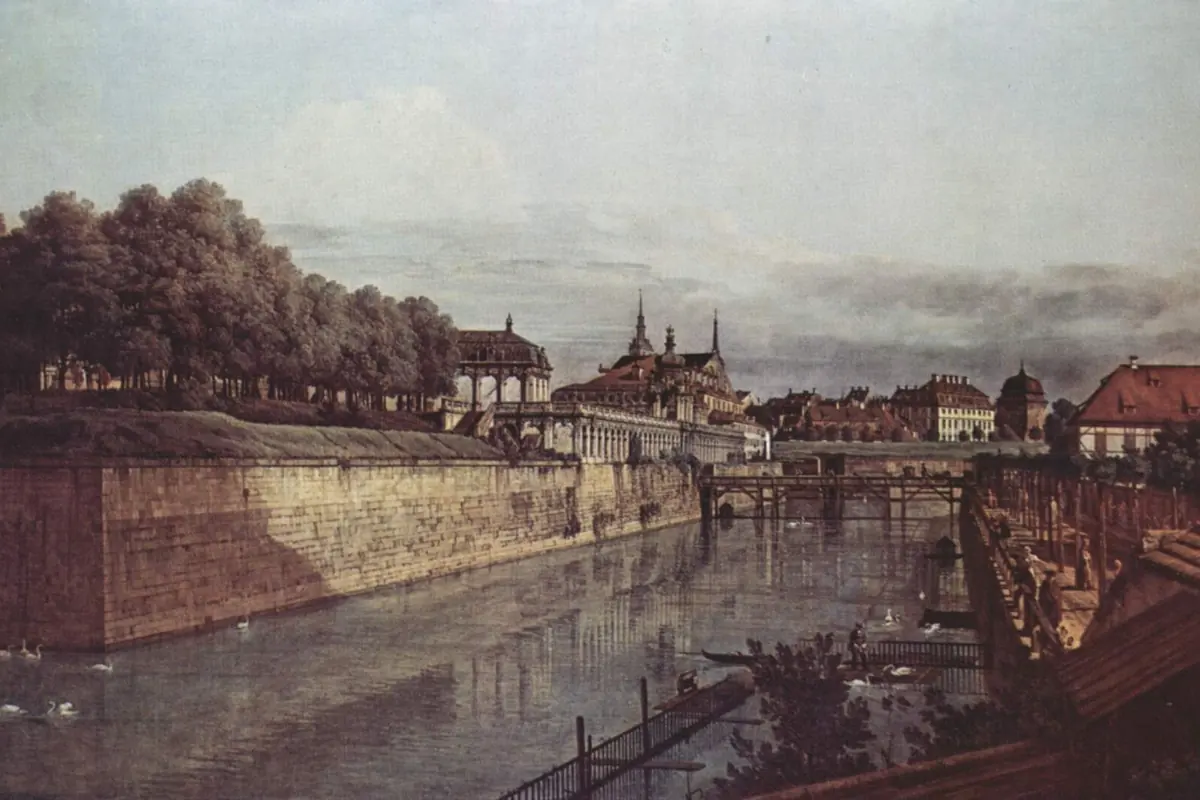 A painting of the moat of the Zwinger in Dresden, with a stone embankment, a bridge and the pavilions of the Zwinger behind